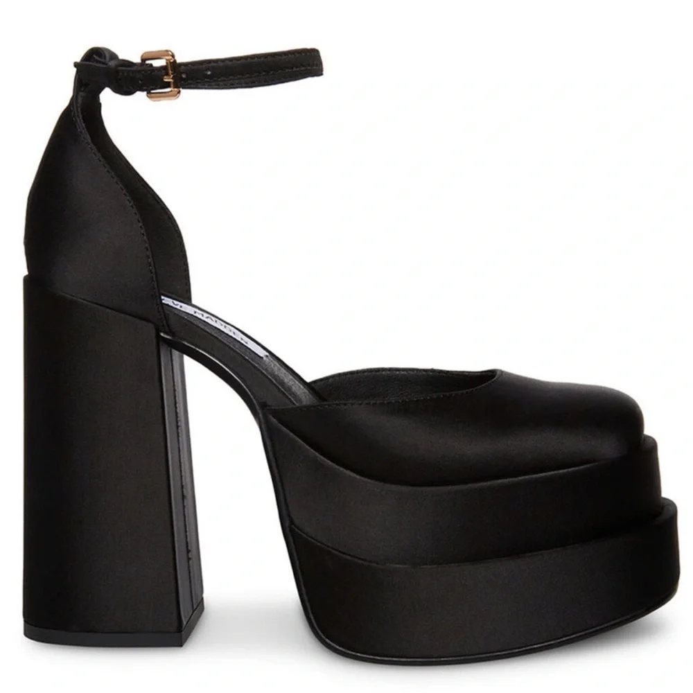 STEVEN MADDEN Charlize Black Satin Platform Heels 8 - Picture 1 of 7